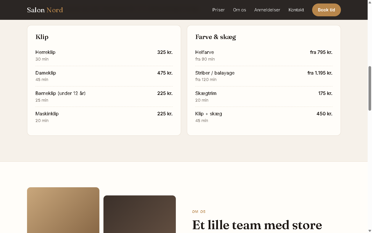 Skærmbillede af demo-hjemmesiden for den fiktive frisør Salon Nord